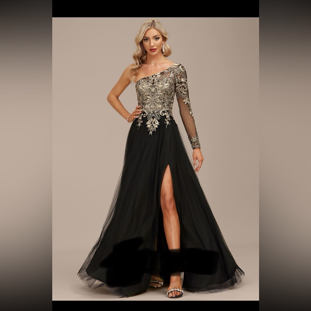 A line one shoulder floor length tulle lace evening dress with sequence